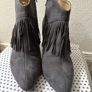 Gray Suede Fringe Ankle Boots